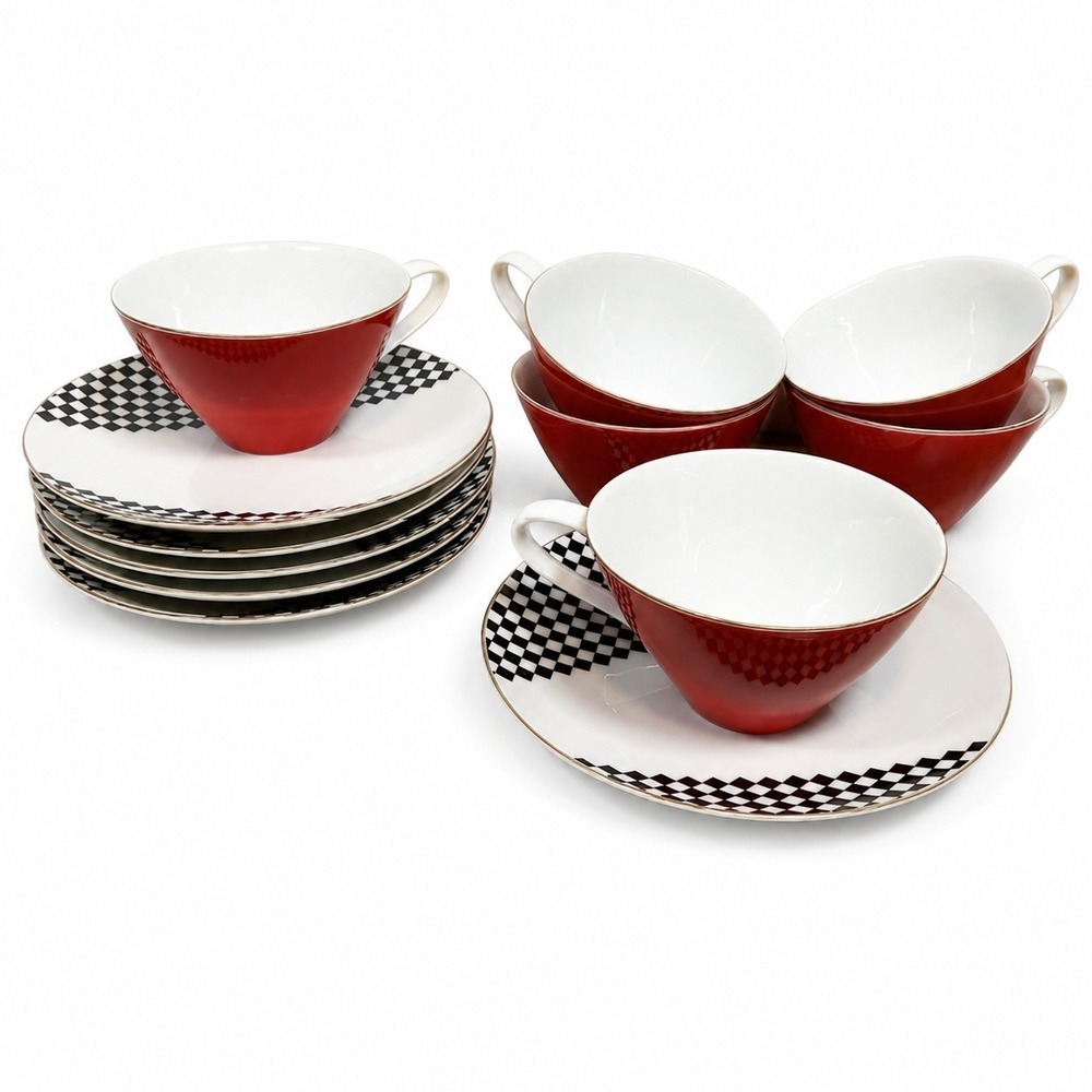 Seyei Fine China Japan MCM Checkerboard Plates & Red Teacup Retro Mod Set